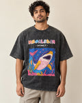 Megalodon black acid wash oversized T-shirt from the Ancient Archives collection by Fourth Dimension Club, front view on model