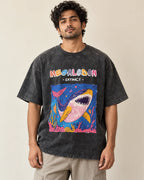 Megalodon black acid wash oversized T-shirt from the Ancient Archives collection by Fourth Dimension Club, front view on model