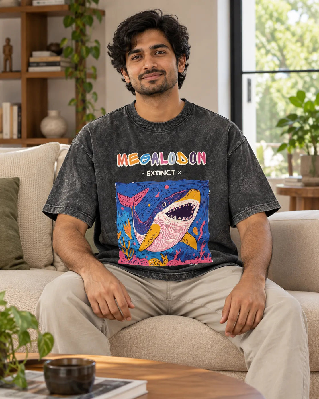 Model wearing the Megalodon black acid wash oversized T-shirt seated on a sofa, Fourth Dimension Club