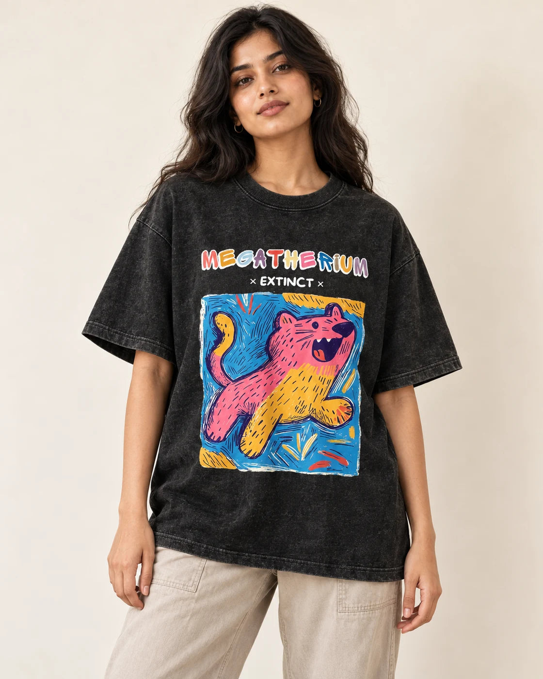 Megatherium black acid wash oversized T-shirt from the Ancient Archives collection by Fourth Dimension Club, front view on model