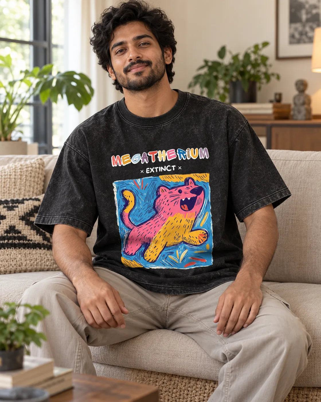 Model wearing the Megatherium black acid wash oversized T-shirt seated on a sofa, Fourth Dimension Club
