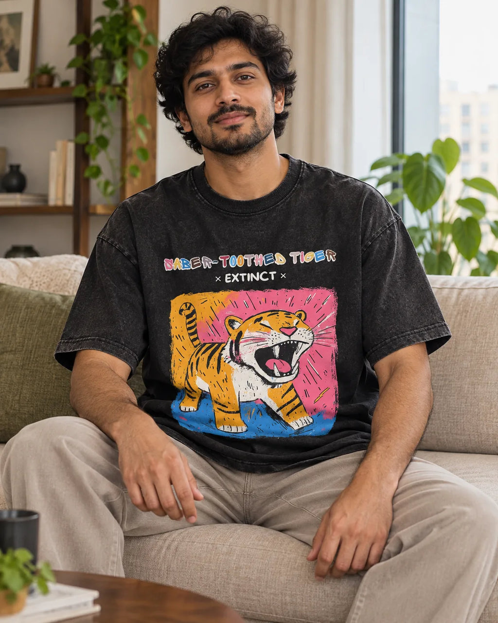 Model wearing the Saber-toothed Tiger black acid wash oversized T-shirt seated on a sofa, Fourth Dimension Club