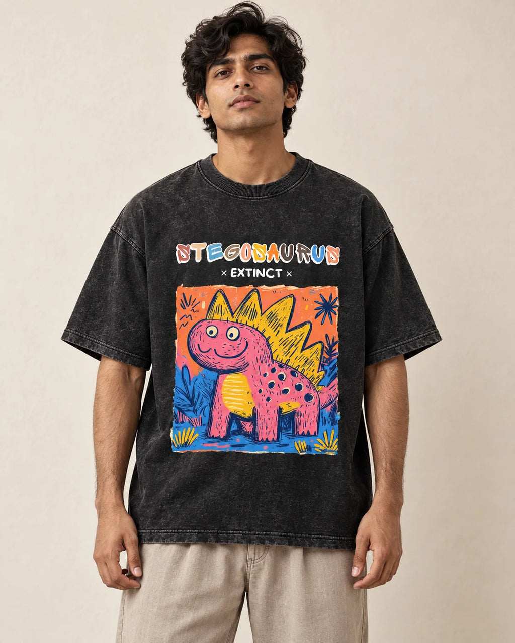 Stegosaurus black acid wash oversized T-shirt from the Ancient Archives collection by Fourth Dimension Club, front view on model
