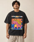 Stegosaurus black acid wash oversized T-shirt from the Ancient Archives collection by Fourth Dimension Club, front view on model