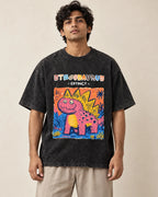 Stegosaurus black acid wash oversized T-shirt from the Ancient Archives collection by Fourth Dimension Club, front view on model