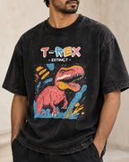 Close-up of the T-Rex Ancient Archives print on a black acid wash oversized T-shirt