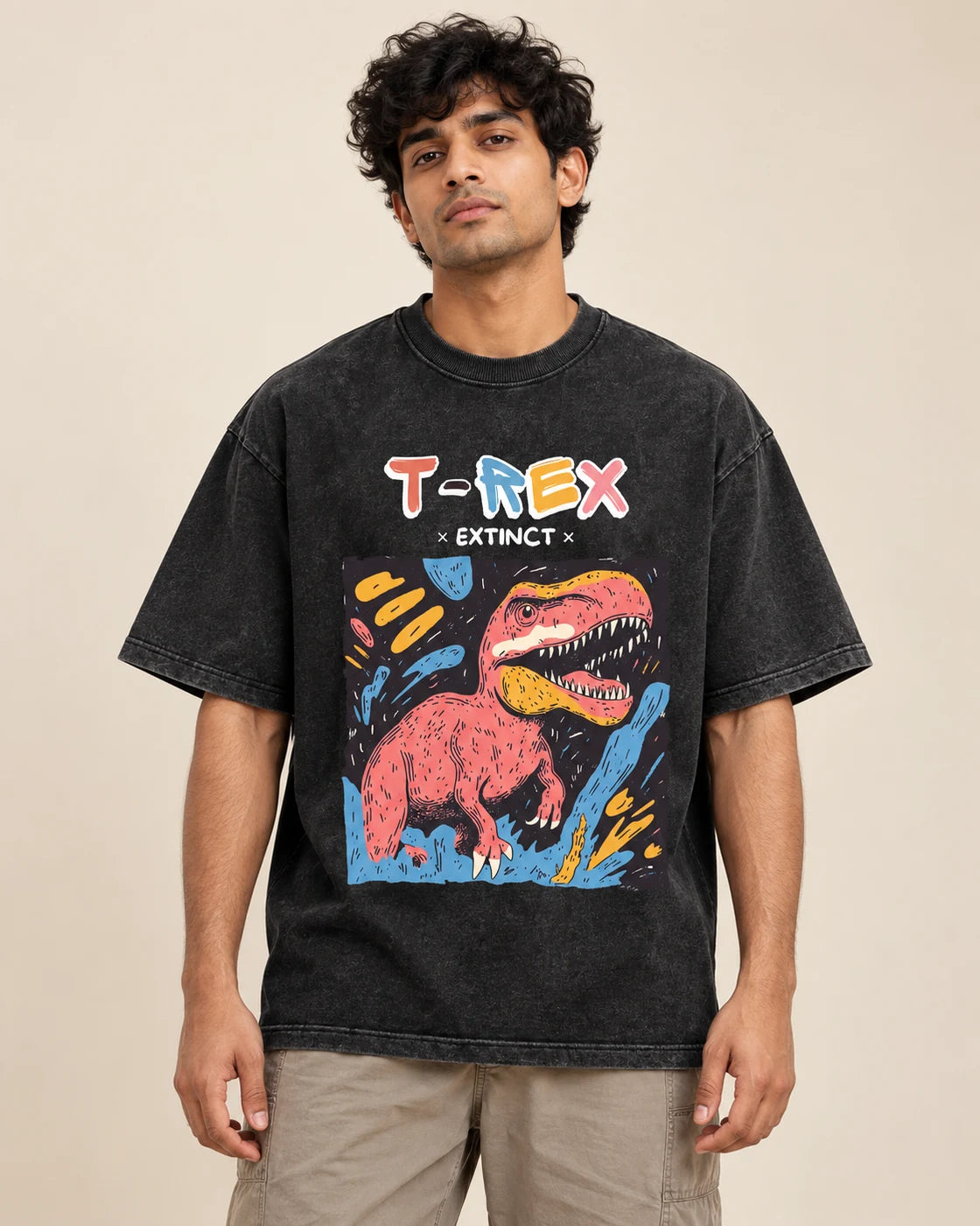T-Rex black acid wash oversized T-shirt from the Ancient Archives collection by Fourth Dimension Club, front view on model