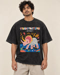 Triceratops black acid wash oversized T-shirt from the Ancient Archives collection by Fourth Dimension Club, front view on model