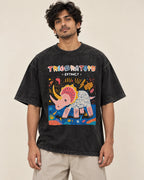 Triceratops black acid wash oversized T-shirt from the Ancient Archives collection by Fourth Dimension Club, front view on model