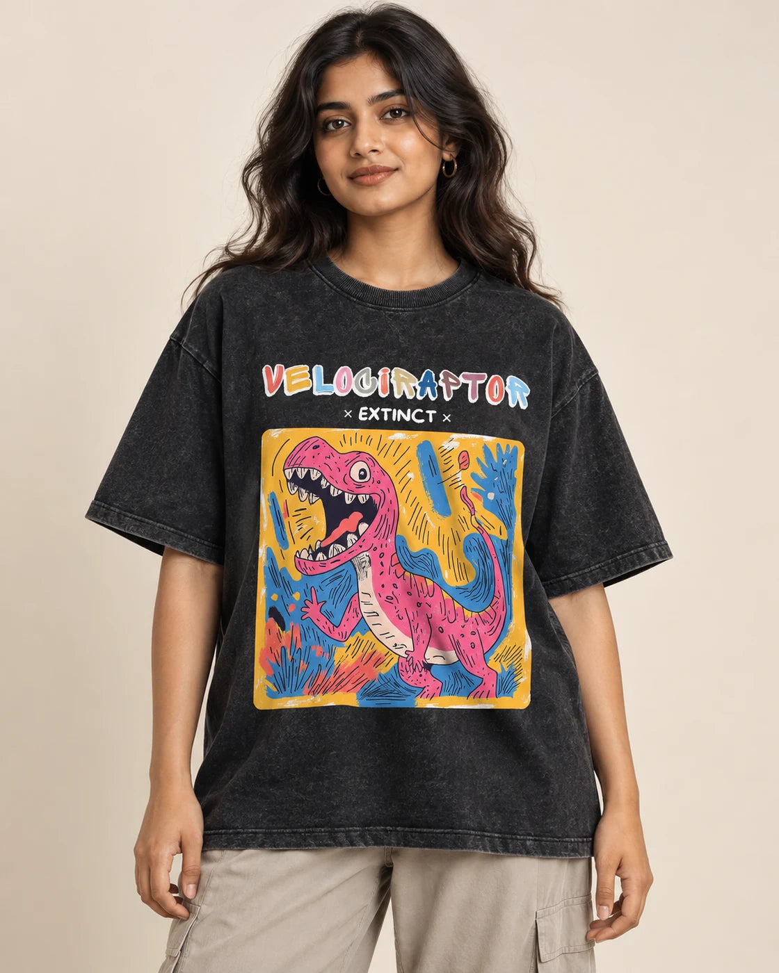 Velociraptor black acid wash oversized T-shirt from the Ancient Archives collection by Fourth Dimension Club, front view on model
