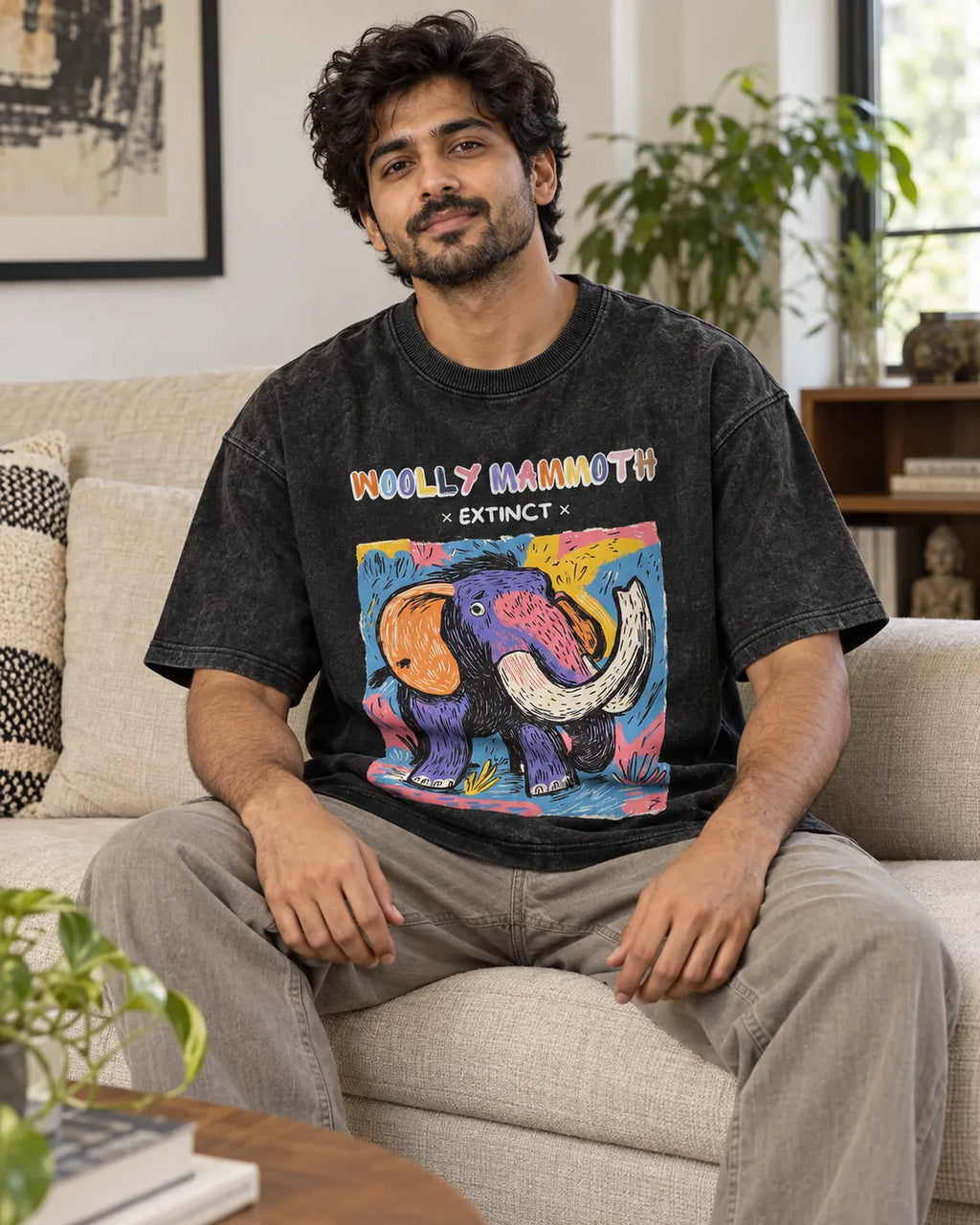 Model wearing the Woolly Mammoth black acid wash oversized T-shirt seated on a sofa, Fourth Dimension Club