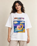 Ammonite white oversized French terry T-shirt from the Ancient Archives collection by Fourth Dimension Club, front view on model