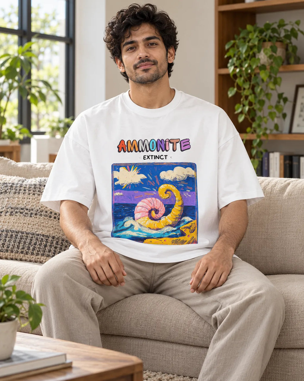 Model wearing the Ammonite white oversized French terry T-shirt seated on a sofa, Fourth Dimension Club