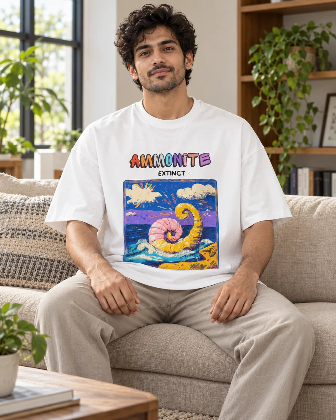 Model wearing the Ammonite white oversized French terry T-shirt seated on a sofa, Fourth Dimension Club