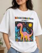 Close-up of the Brachiosaurus Ancient Archives print on a white oversized French terry T-shirt