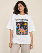 Brachiosaurus white oversized French terry T-shirt from the Ancient Archives collection by Fourth Dimension Club, front view on model