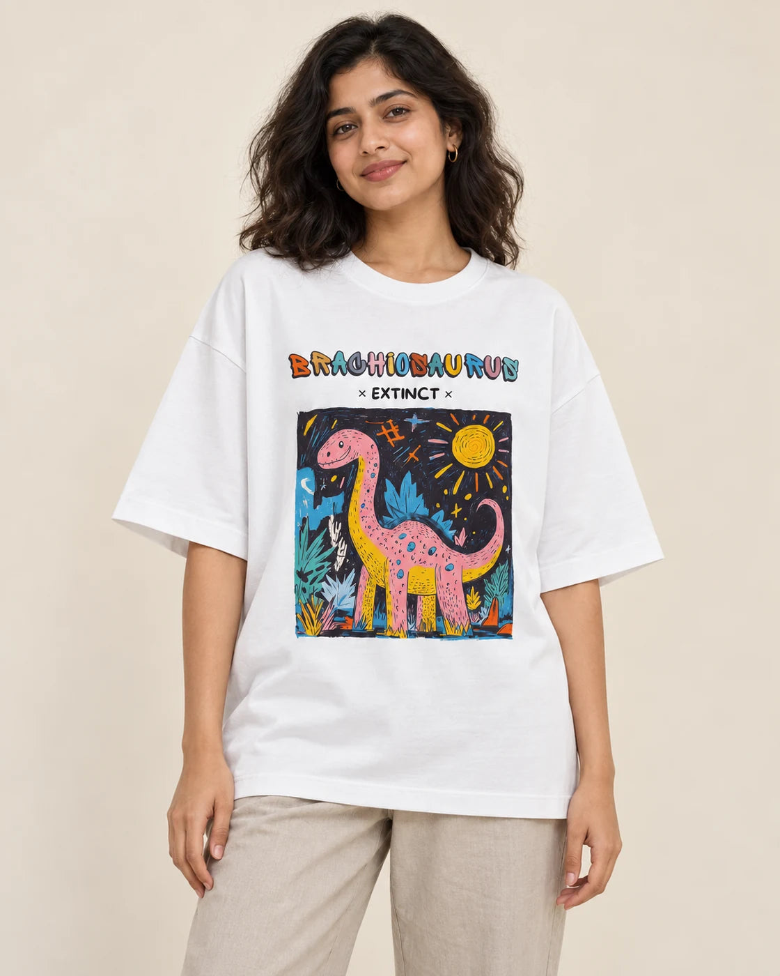 Brachiosaurus white oversized French terry T-shirt from the Ancient Archives collection by Fourth Dimension Club, front view on model