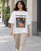 Model wearing the Brachiosaurus white oversized French terry T-shirt on a city street, Fourth Dimension Club
