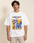 Dire Wolf white oversized French terry T-shirt from the Ancient Archives collection by Fourth Dimension Club, front view on model