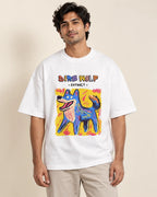 Dire Wolf white oversized French terry T-shirt from the Ancient Archives collection by Fourth Dimension Club, front view on model