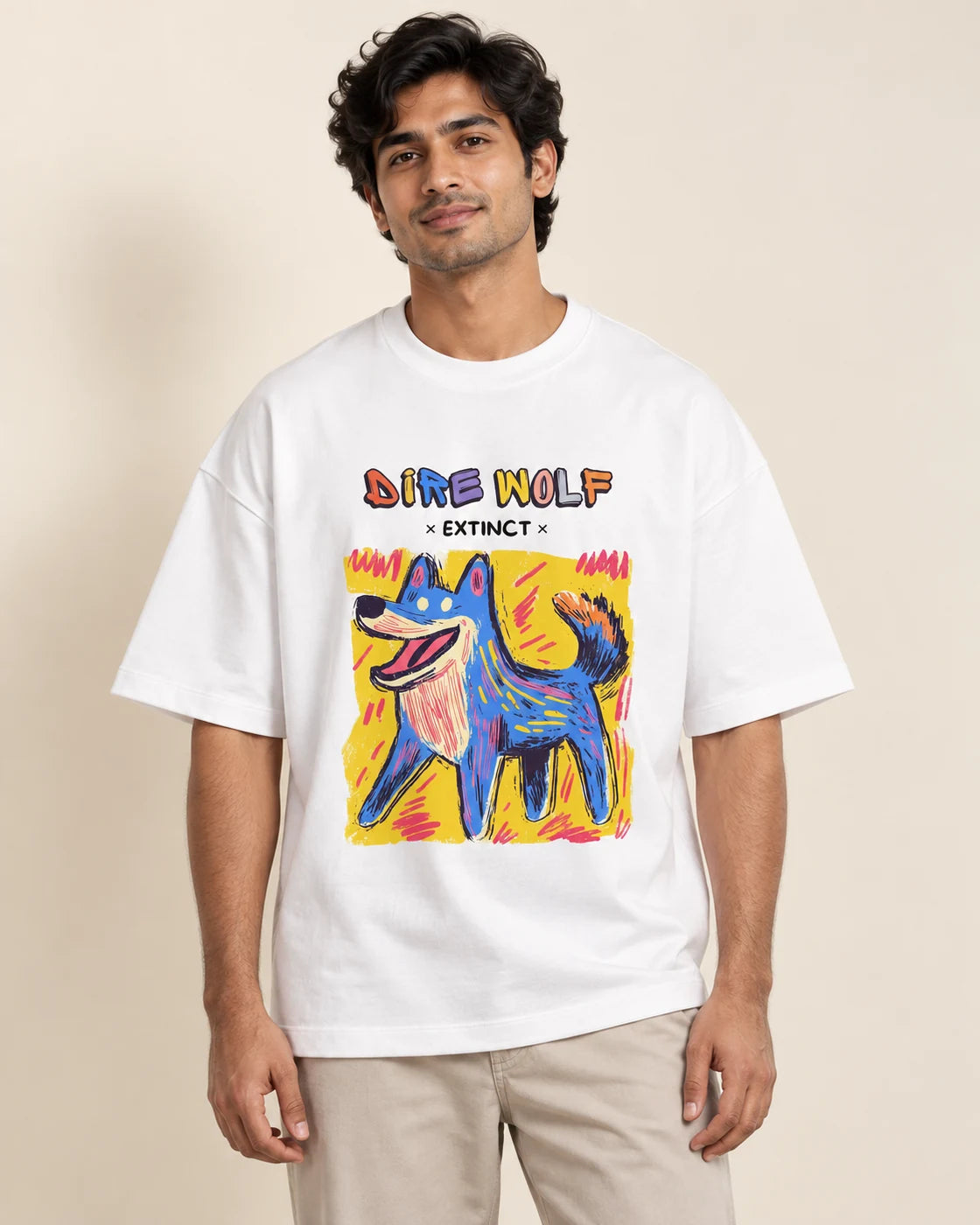 Dire Wolf white oversized French terry T-shirt from the Ancient Archives collection by Fourth Dimension Club, front view on model