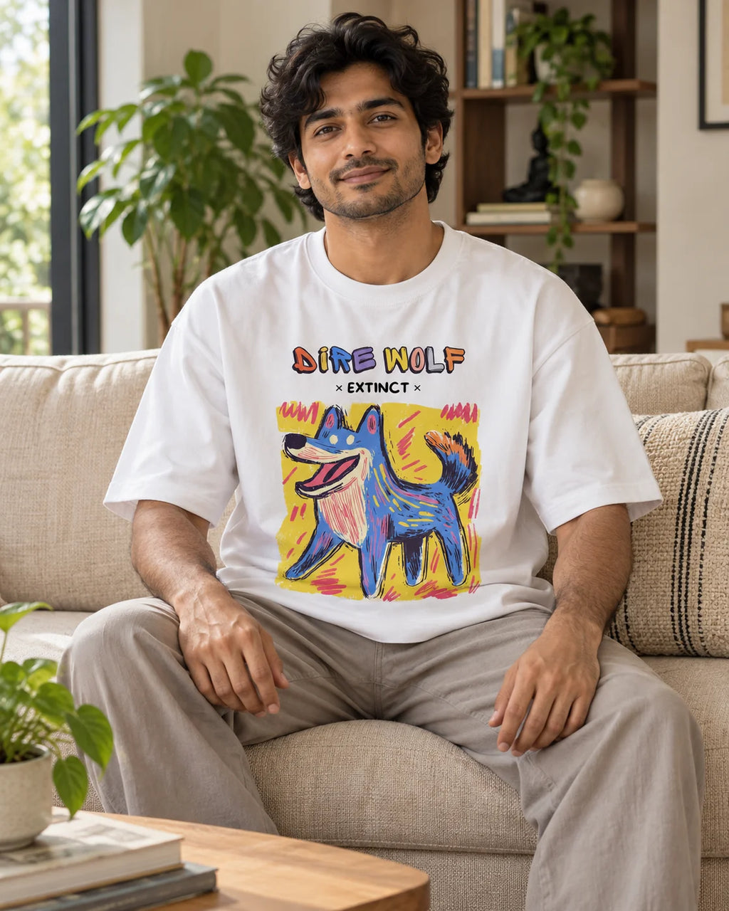 Model wearing the Dire Wolf white oversized French terry T-shirt seated on a sofa, Fourth Dimension Club