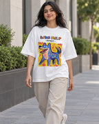 Model wearing the Dire Wolf white oversized French terry T-shirt on a city street, Fourth Dimension Club