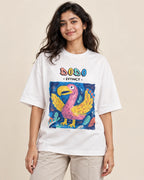 Dodo white oversized French terry T-shirt from the Ancient Archives collection by Fourth Dimension Club, front view on model