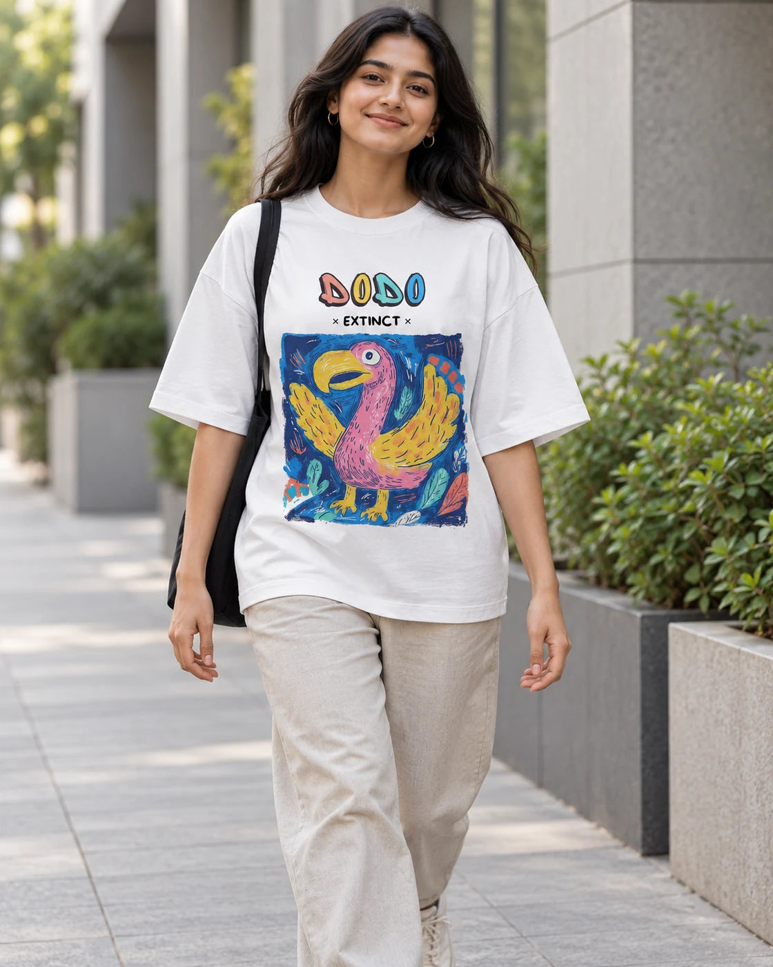Model wearing the Dodo white oversized French terry T-shirt on a city street, Fourth Dimension Club