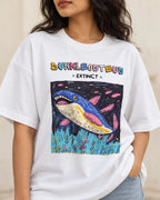 Close-up of the Dunkleosteus Ancient Archives print on a white oversized French terry T-shirt