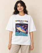 Dunkleosteus white oversized French terry T-shirt from the Ancient Archives collection by Fourth Dimension Club, front view on model
