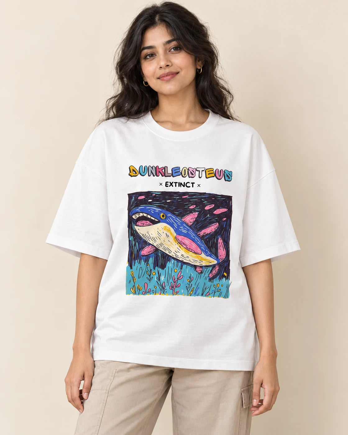 Dunkleosteus white oversized French terry T-shirt from the Ancient Archives collection by Fourth Dimension Club, front view on model