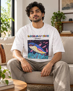 Model wearing the Dunkleosteus white oversized French terry T-shirt seated on a sofa, Fourth Dimension Club