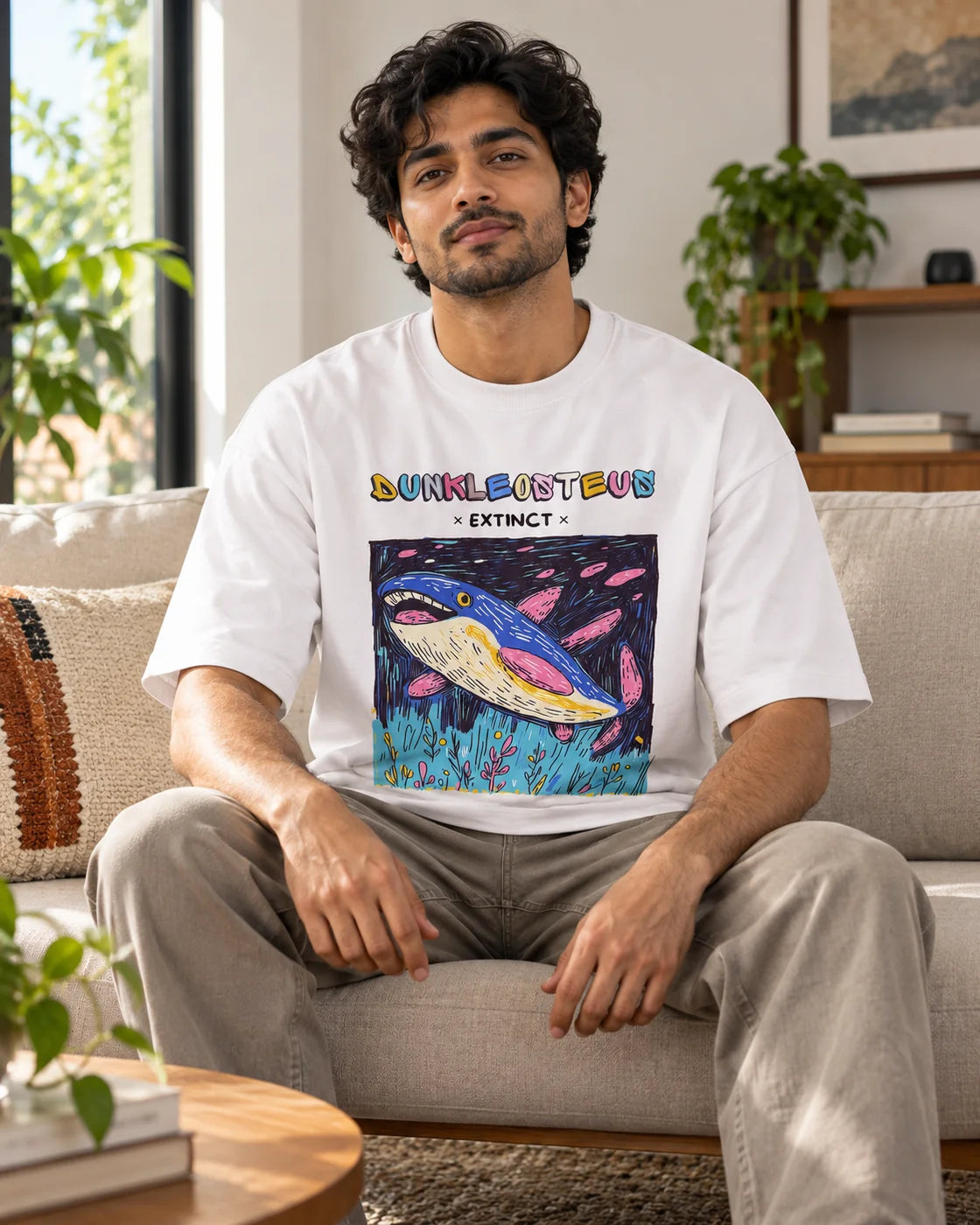 Model wearing the Dunkleosteus white oversized French terry T-shirt seated on a sofa, Fourth Dimension Club