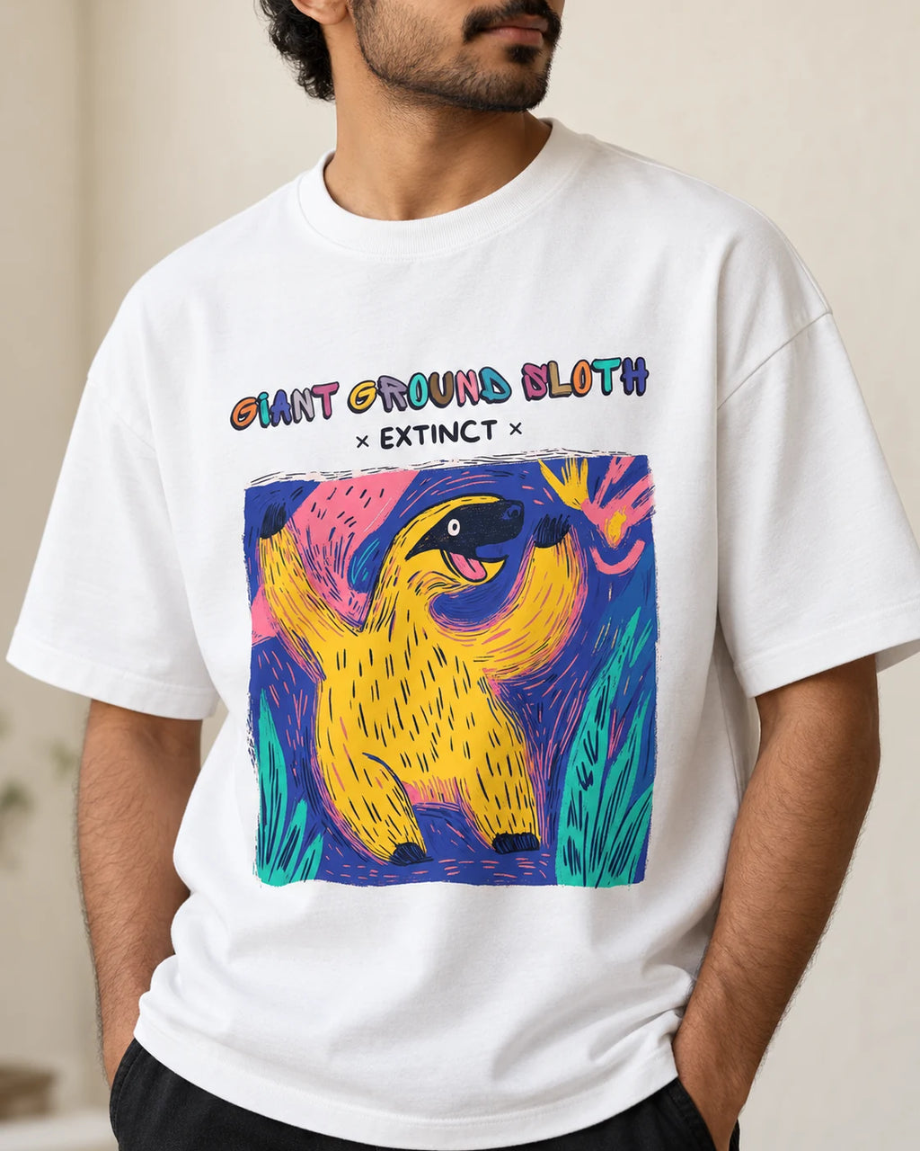 Close-up of the Giant Ground Sloth Ancient Archives print on a white oversized French terry T-shirt