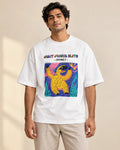 Giant Ground Sloth white oversized French terry T-shirt from the Ancient Archives collection by Fourth Dimension Club, front view on model