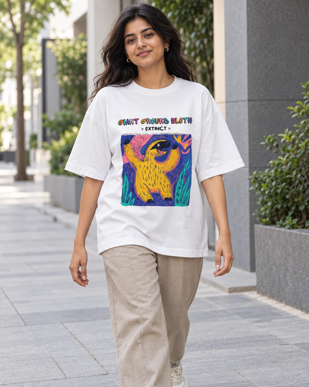 Model wearing the Giant Ground Sloth white oversized French terry T-shirt on a city street, Fourth Dimension Club