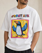Close-up of the Great Auk Ancient Archives print on a white oversized French terry T-shirt