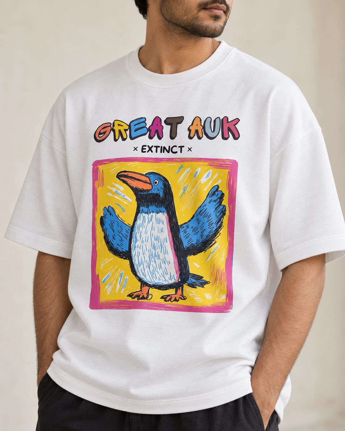 Close-up of the Great Auk Ancient Archives print on a white oversized French terry T-shirt