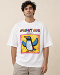 Great Auk white oversized French terry T-shirt from the Ancient Archives collection by Fourth Dimension Club, front view on model