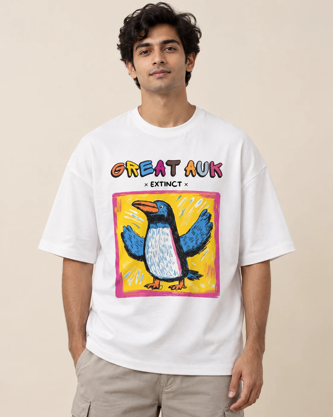 Great Auk white oversized French terry T-shirt from the Ancient Archives collection by Fourth Dimension Club, front view on model