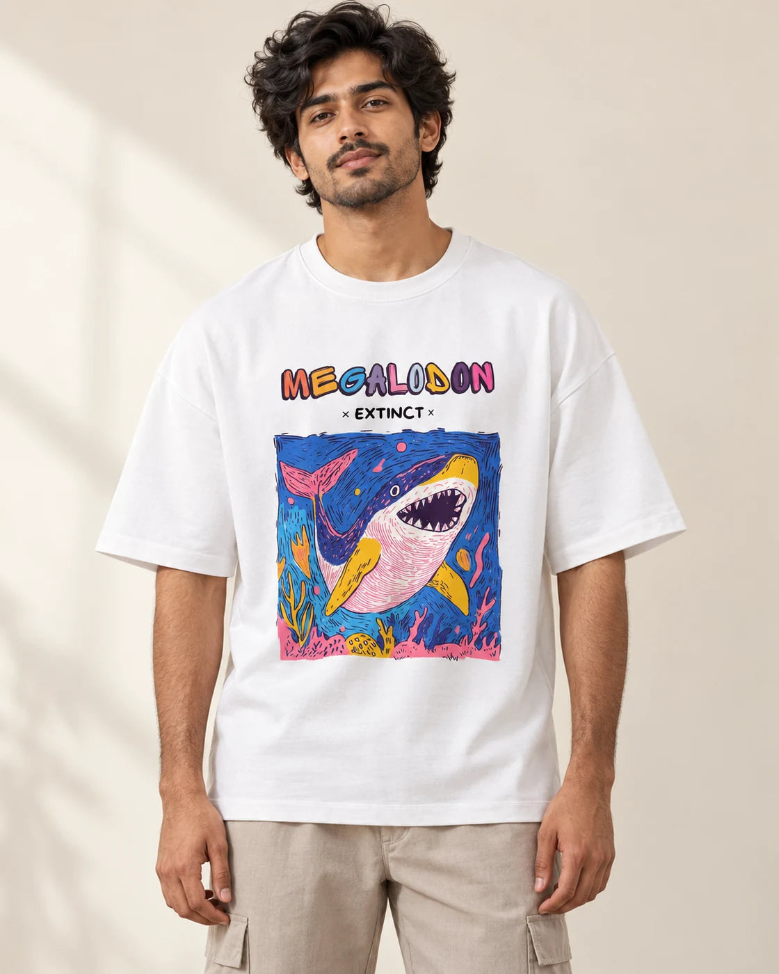 Megalodon white oversized French terry T-shirt from the Ancient Archives collection by Fourth Dimension Club, front view on model