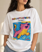 Close-up of the Megatherium Ancient Archives print on a white oversized French terry T-shirt