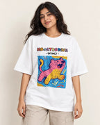 Megatherium white oversized French terry T-shirt from the Ancient Archives collection by Fourth Dimension Club, front view on model