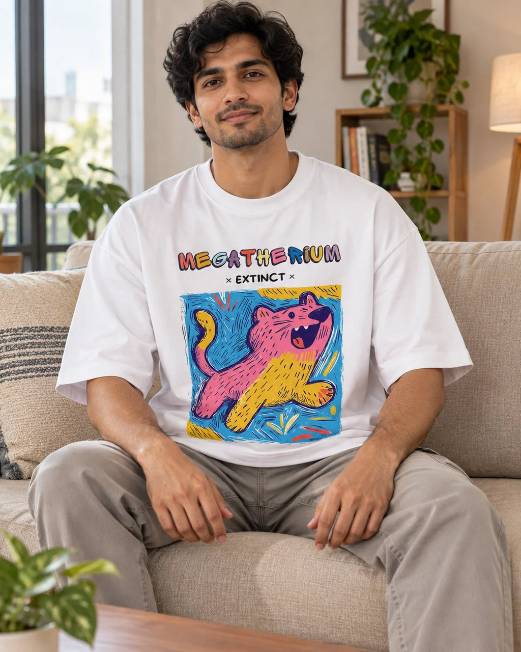 Model wearing the Megatherium white oversized French terry T-shirt seated on a sofa, Fourth Dimension Club