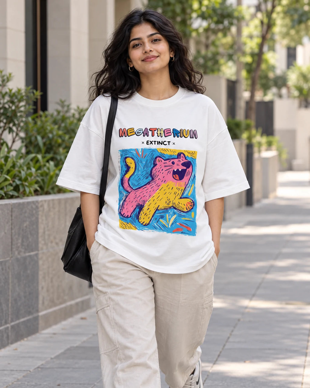Model wearing the Megatherium white oversized French terry T-shirt on a city street, Fourth Dimension Club