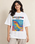 Mosasaurus white oversized French terry T-shirt from the Ancient Archives collection by Fourth Dimension Club, front view on model
