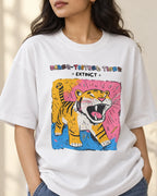 Close-up of the Saber-toothed Tiger Ancient Archives print on a white oversized French terry T-shirt