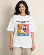 Saber-toothed Tiger white oversized French terry T-shirt from the Ancient Archives collection by Fourth Dimension Club, front view on model
