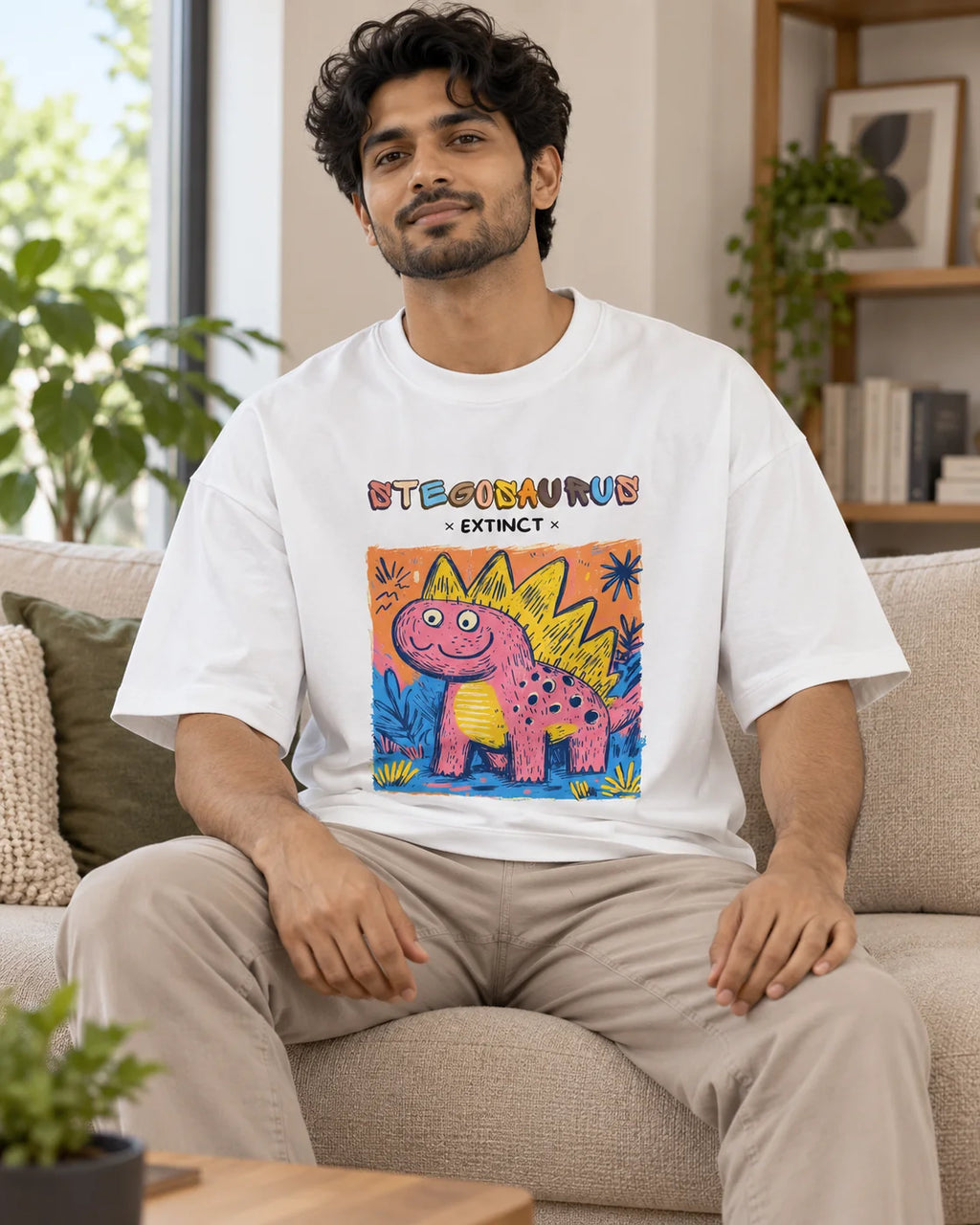 Model wearing the Stegosaurus white oversized French terry T-shirt seated on a sofa, Fourth Dimension Club